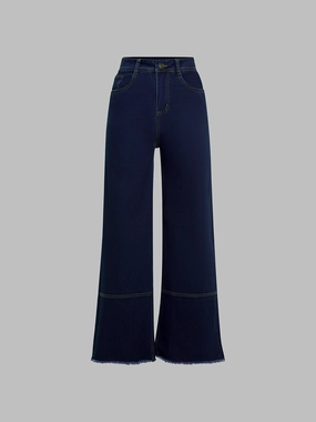 Relaxed Style Weekend Style High Quality 24/7 Comfort Navy-Blue Wide-Leg High-Rise Stretchable Denim Jeans