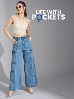 Women's Light Blue Wide-Leg High Rise Regular Denim Pant Clean Fit Timeless Comfort