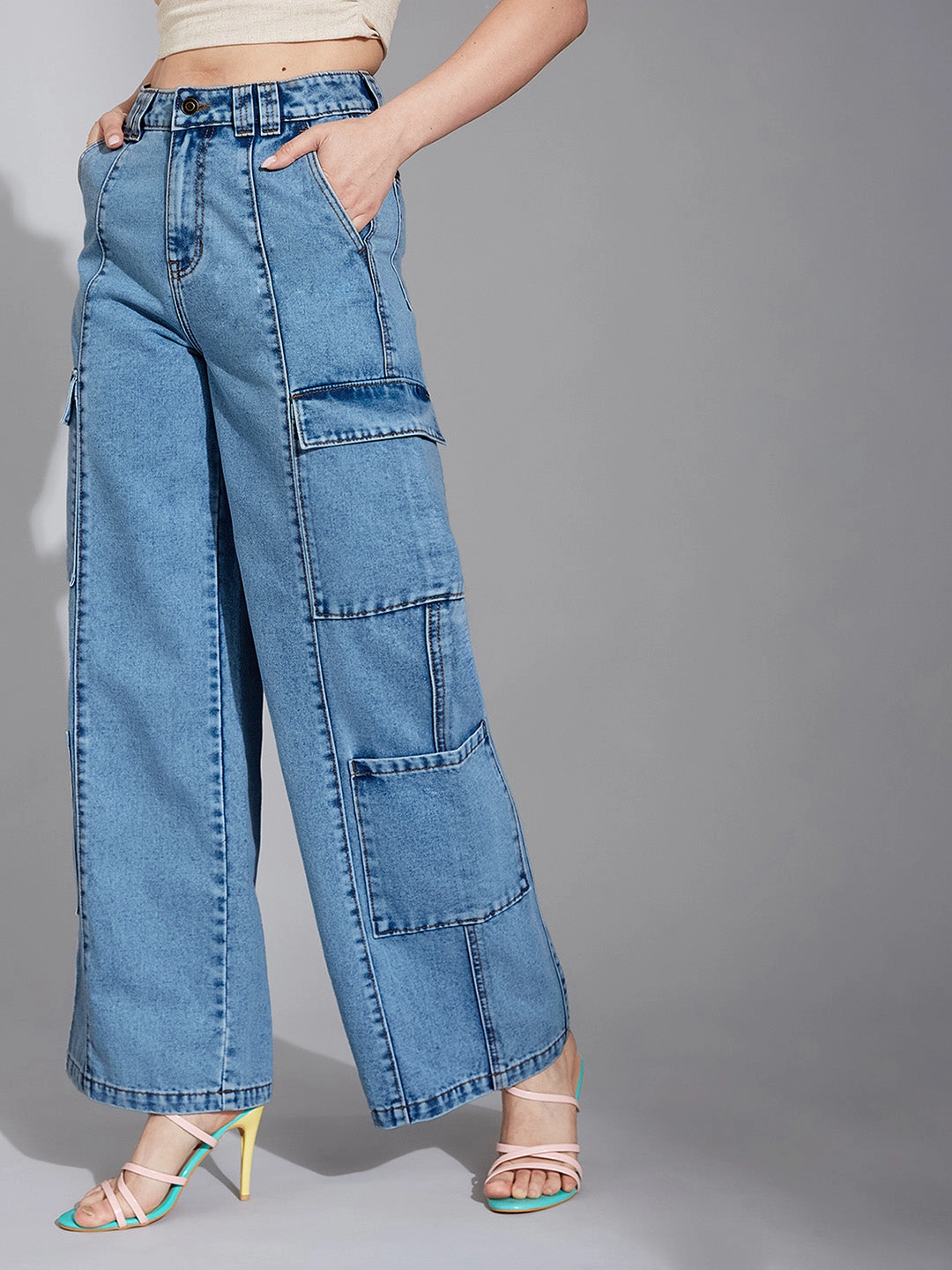 Stylish Daily Wear Parent Style Women's Light Blue Wide-Leg High Rise Regular Denim Pant