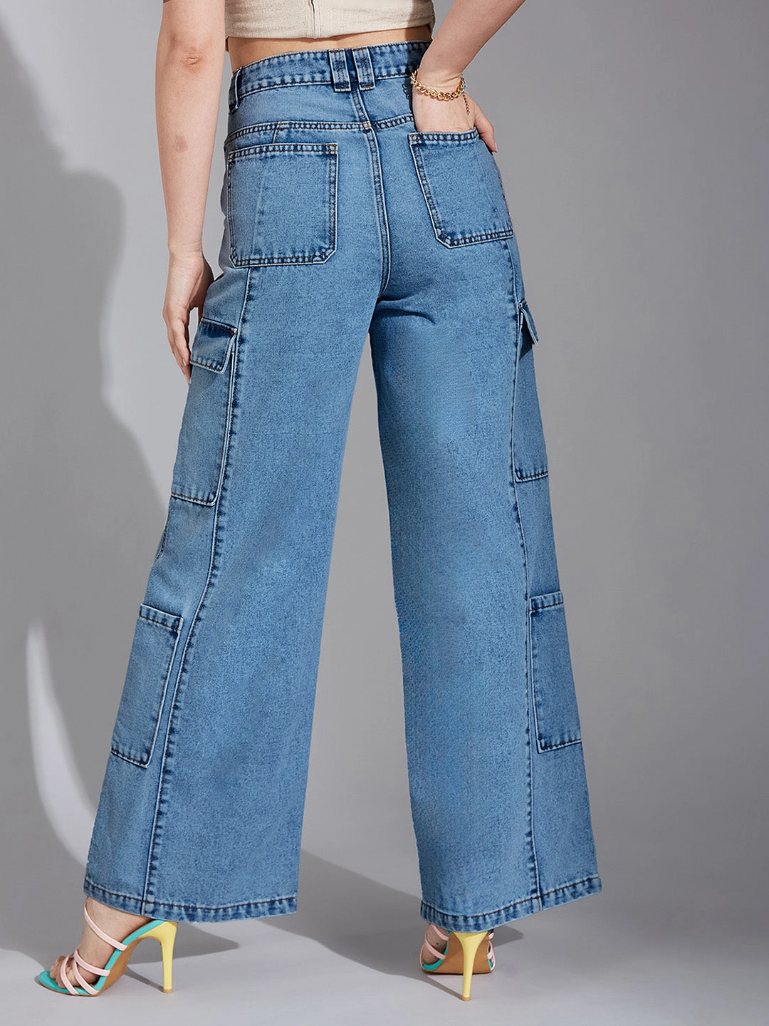 Women's Light Blue Wide-Leg High Rise Regular Denim Pant Base Wear Textured Party Look Soft