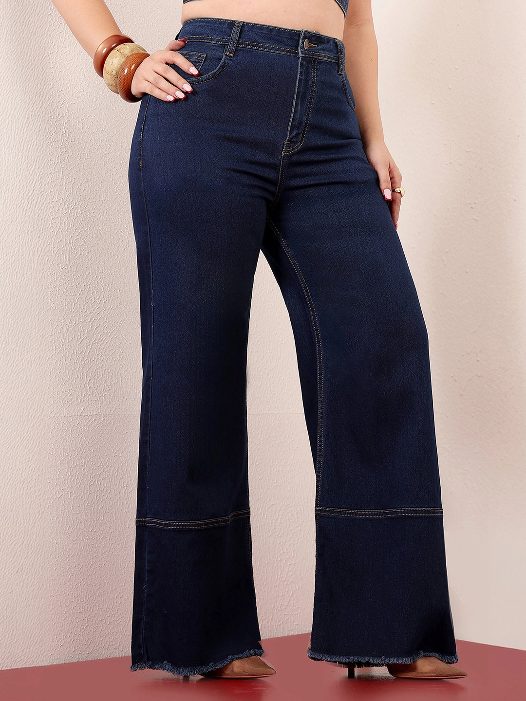 24/7 Comfort Navy Blue Wide-Leg High-Rise Clean-Look Stretchable Denim Jeans slim fit