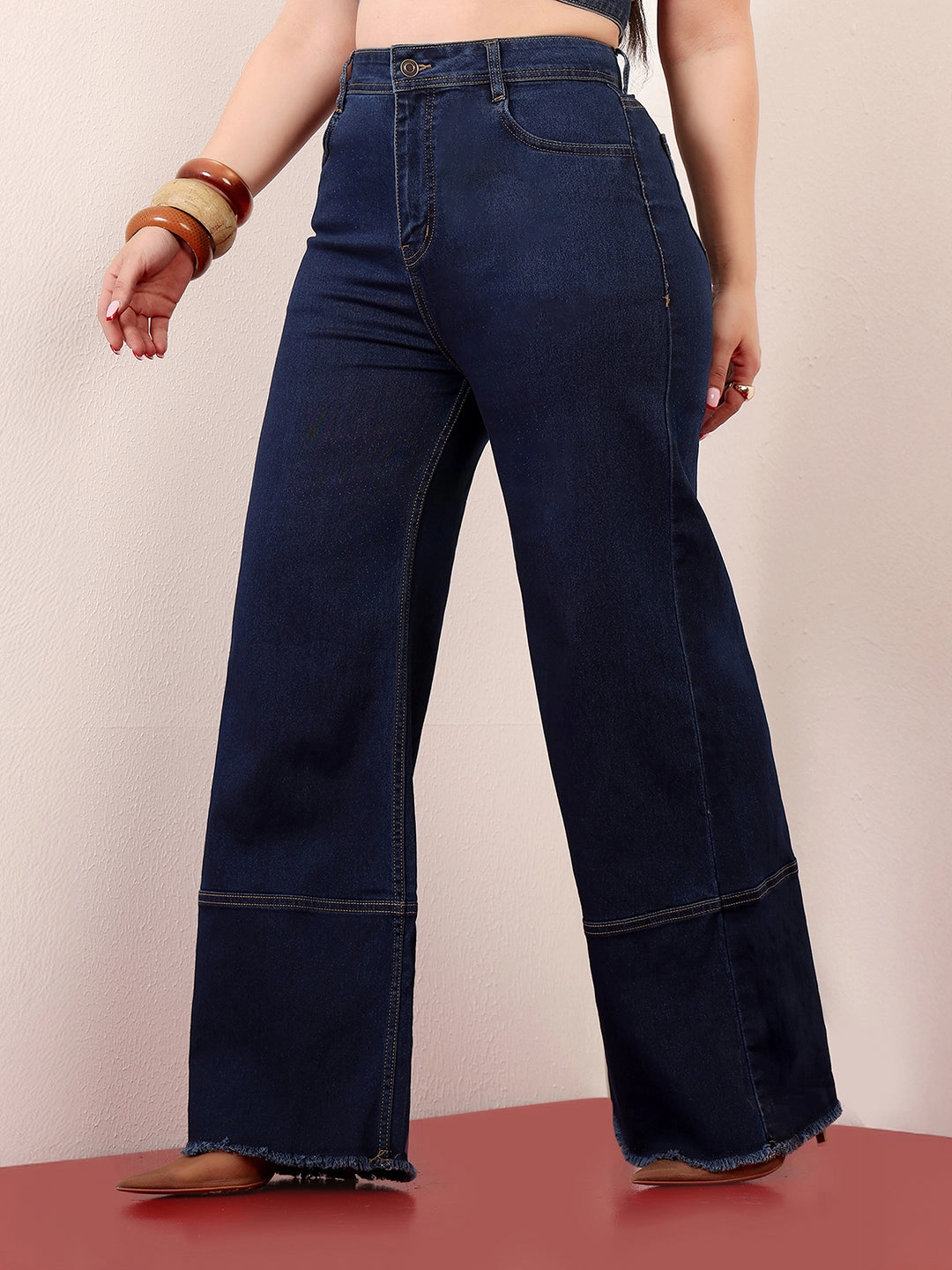 24/7 Comfort Navy Blue Wide-Leg High-Rise Clean-Look Stretchable Denim Jeans Picnic Style Creative Look Minimalist Style