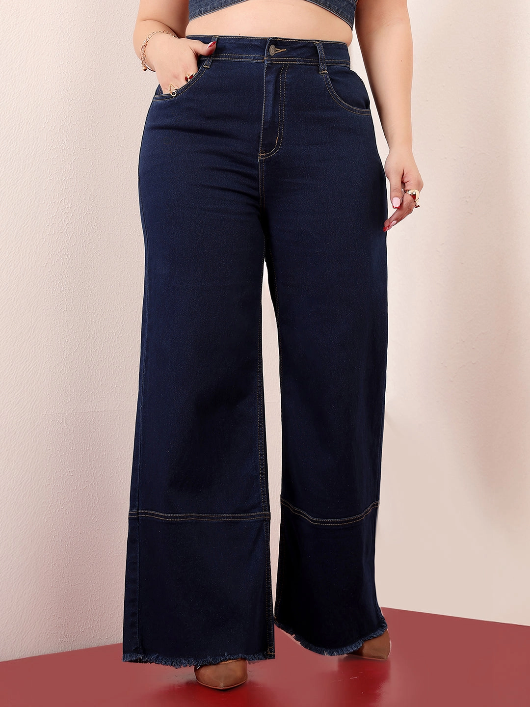 24/7 Comfort Navy Blue Wide-Leg High-Rise Clean-Look Stretchable Denim Jeans Spring Mood Party Look Classic