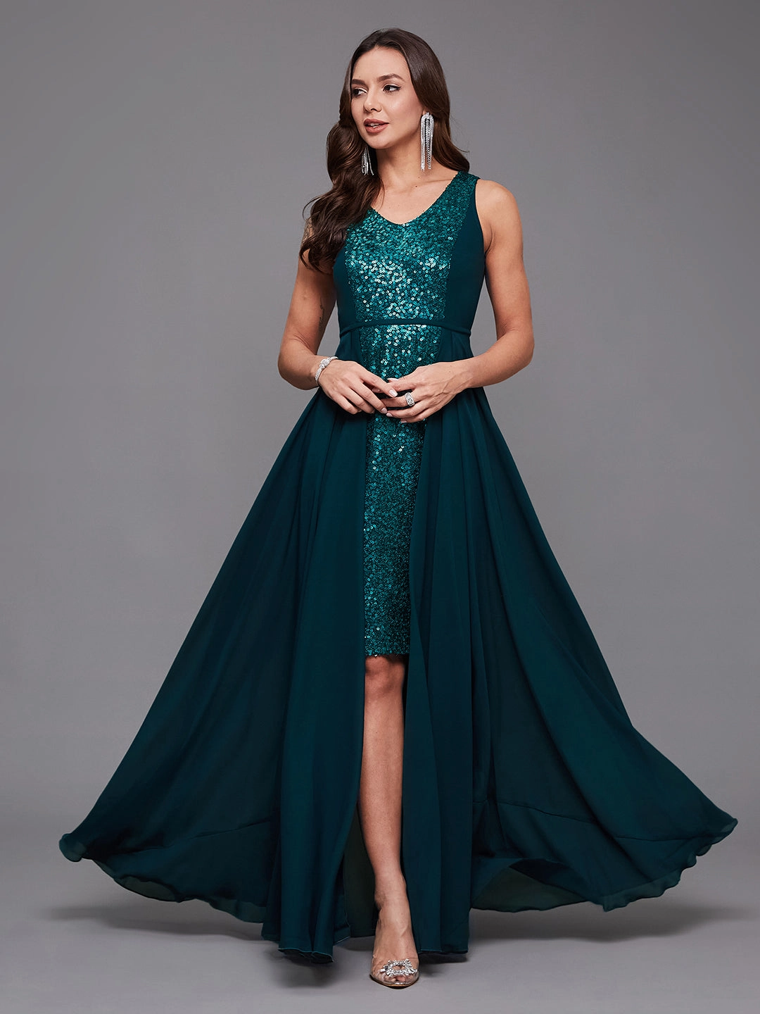 Matte Look Women's Teal V-Neck Sleeveless Sequined Layered Georgette Party Maxi Dress