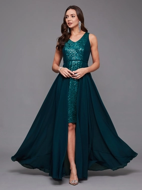 Matte Look Women's Teal V-Neck Sleeveless Sequined Layered Georgette Party Maxi Dress