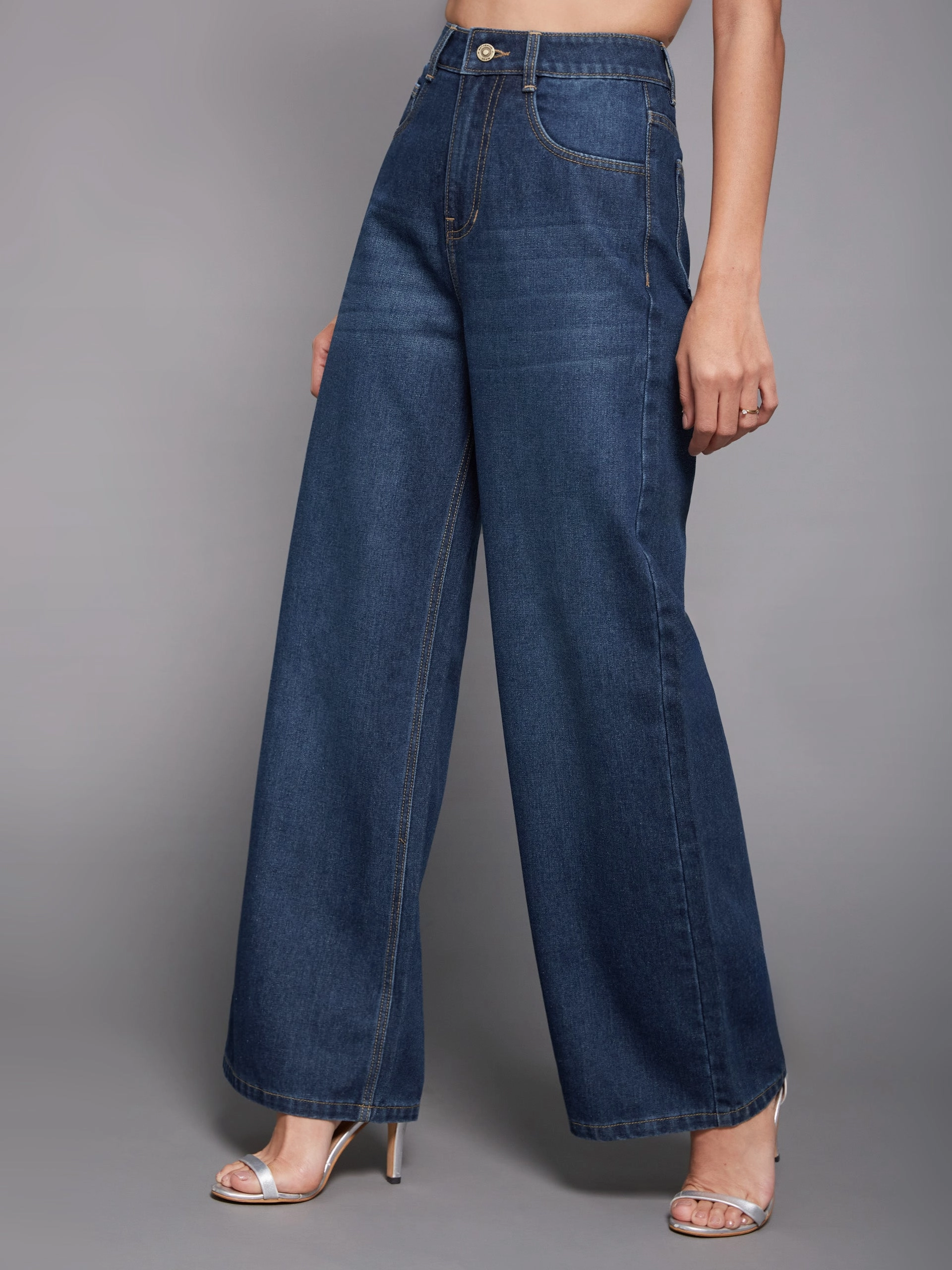Women's Navy-Blue Wide-Leg High-Rise Clean-Look Regular-Length Denim Jeans Modern Comfort