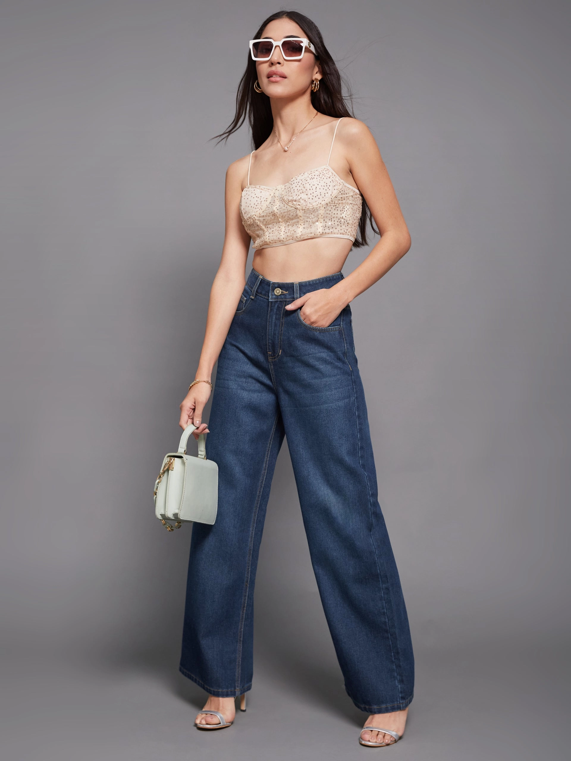 Earthy Modern Minimalist Office Wear Women's Navy-Blue Wide-Leg High-Rise Clean-Look Regular-Length Denim Jeans