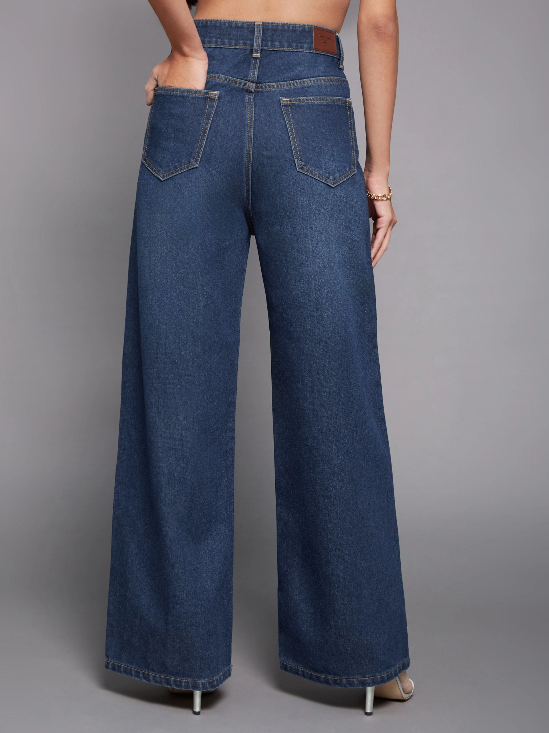 On The Move Women's Navy-Blue Wide-Leg High-Rise Clean-Look Regular-Length Denim Jeans