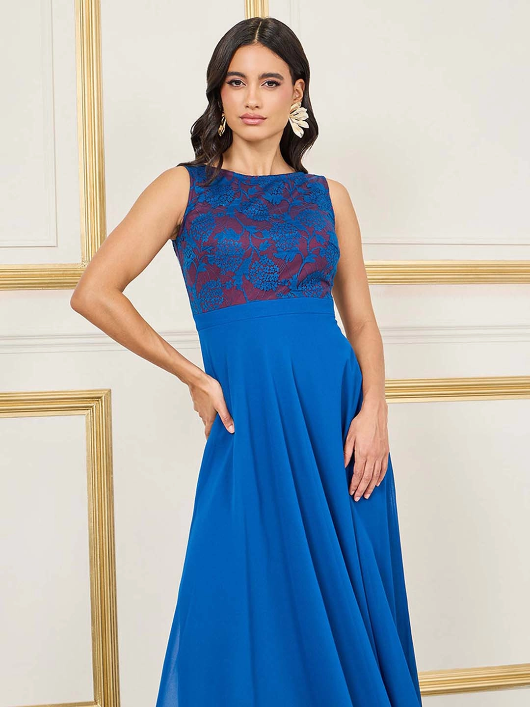 Women's Royal Blue Round Neck Sleeveless Georgette Floral Lace Fit & Flare Maxi Dress Side-Slit Layering-Piece