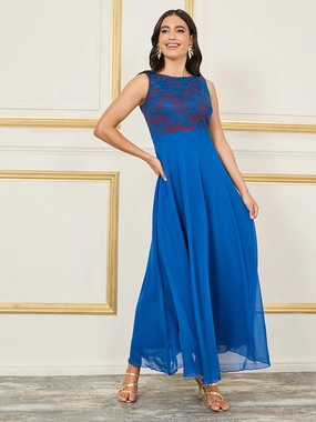Layered Texture relaxed elegance Women's Royal Blue Round Neck Sleeveless Georgette Floral Lace Fit & Flare Maxi Dress