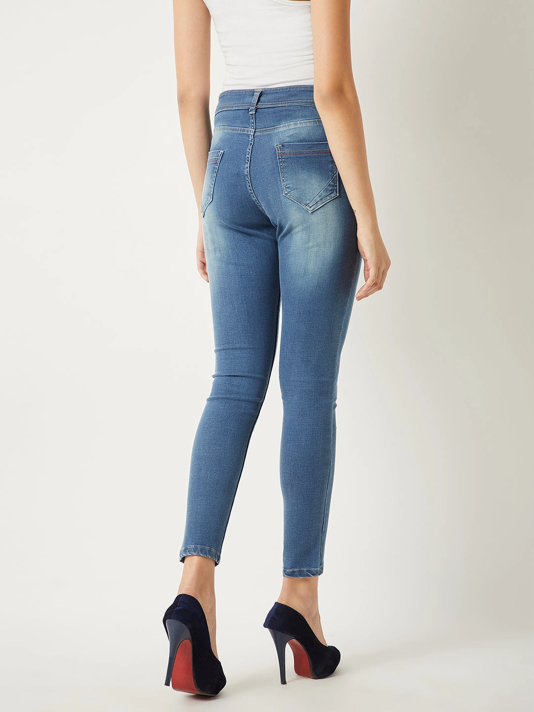 Anti Static Material Blend Durable Athlete Fit Travel Outfit Women's Blue Skinny-Fit High-Rise Twill Tape Detailing Scraped Stretchable Denim Jeans