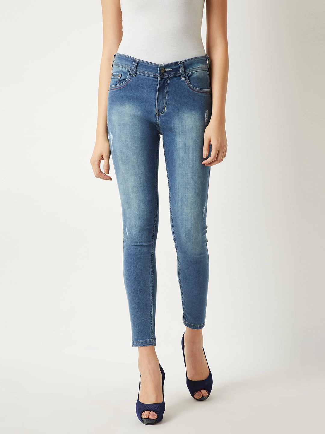 Women's Blue Skinny-Fit High-Rise Twill Tape Detailing Scraped Stretchable Denim Jeans Clean Piece