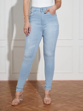 elastic waistband CHASEstretch? Women's Light Blue Skinny High Rise Mild Distress Regular Stretchable Denim Jeans