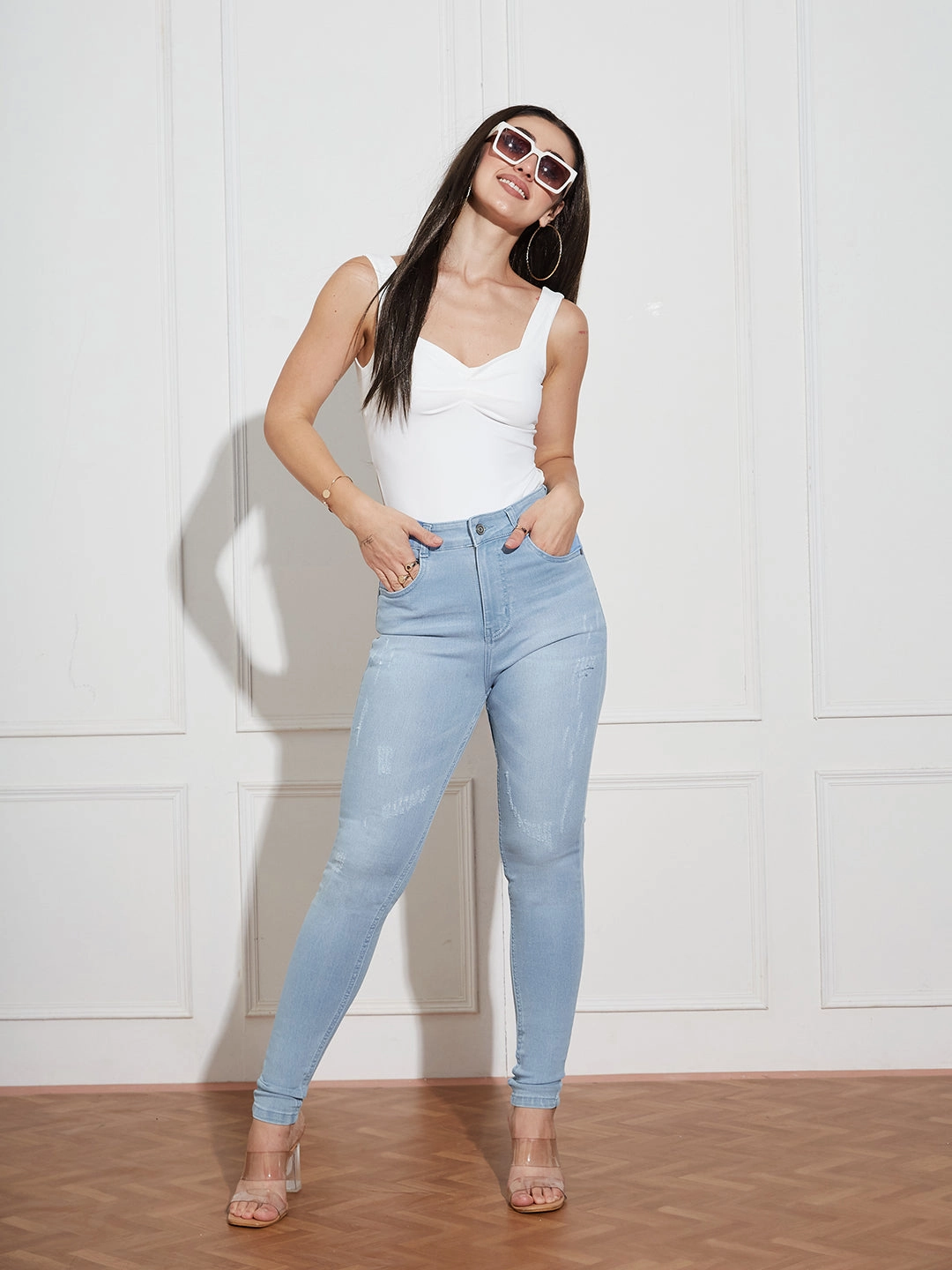 CHASEstretch? Women's Light Blue Skinny High Rise Mild Distress Regular Stretchable Denim Jeans Travel Outfit Evening Stroll Minimalist