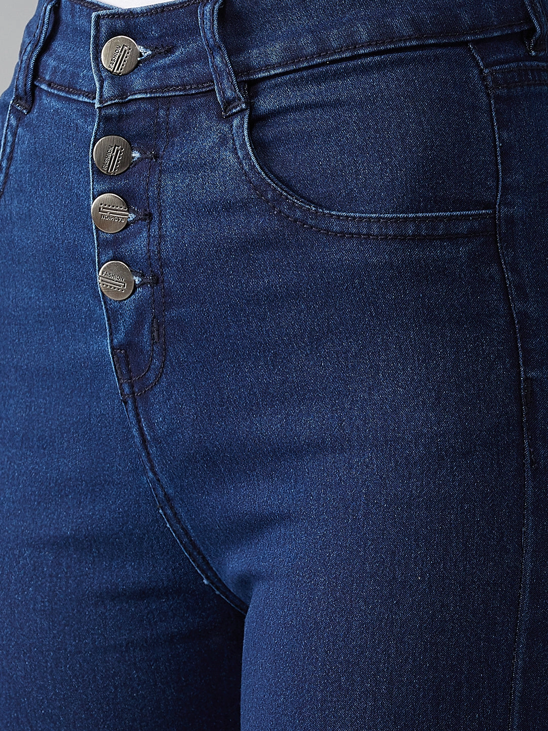 CHASEstretch? Navy-Blue Skinny High-Rise Solid Fringed Hemline Cropped Denim Jeans Versatile Everyday Wear