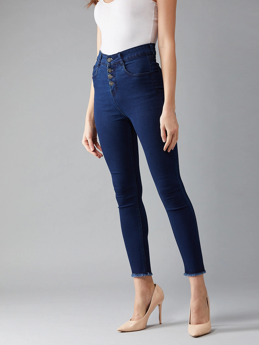 CHASEstretch? Navy-Blue Skinny High-Rise Solid Fringed Hemline Cropped Denim Jeans Easy Option All Fit Style