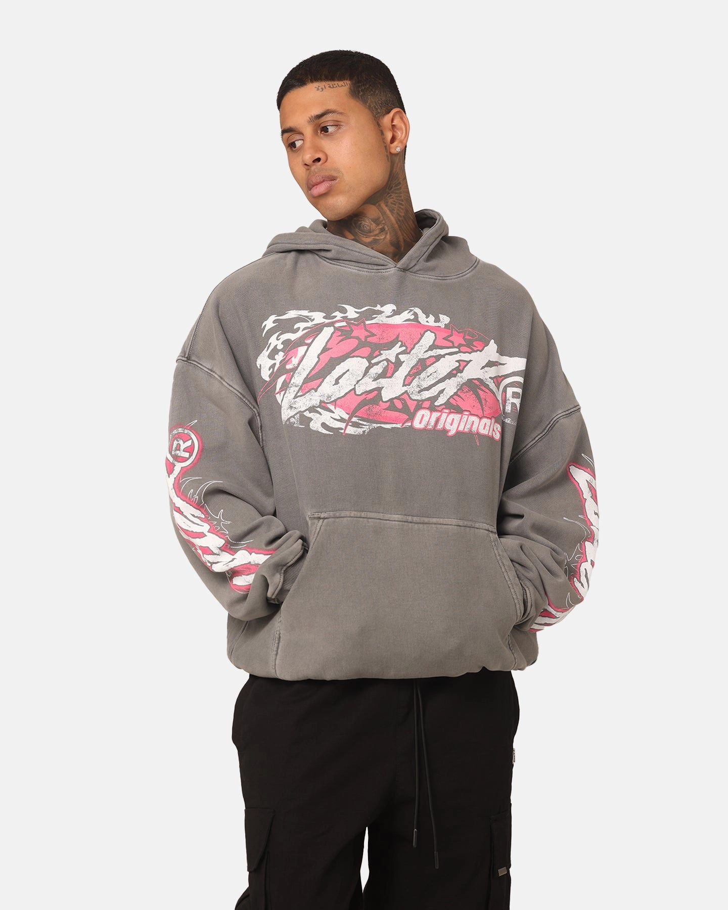 Curved Hem Design Loiter Wave Break Vintage Hoodie Charcoal