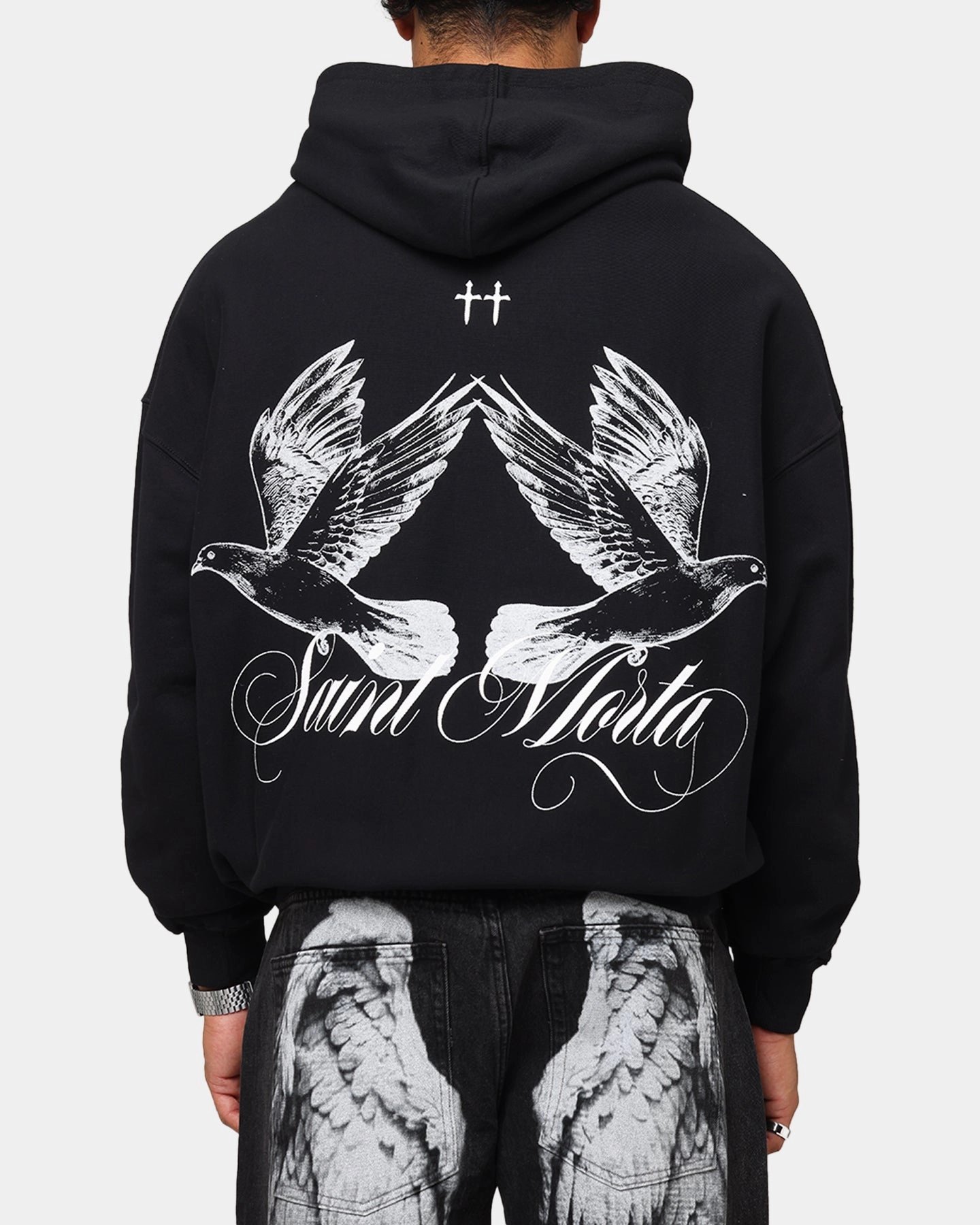 Saint Morta Doves Boxy Hoodie Black Recycled Fiber Blend ErgonomicShape