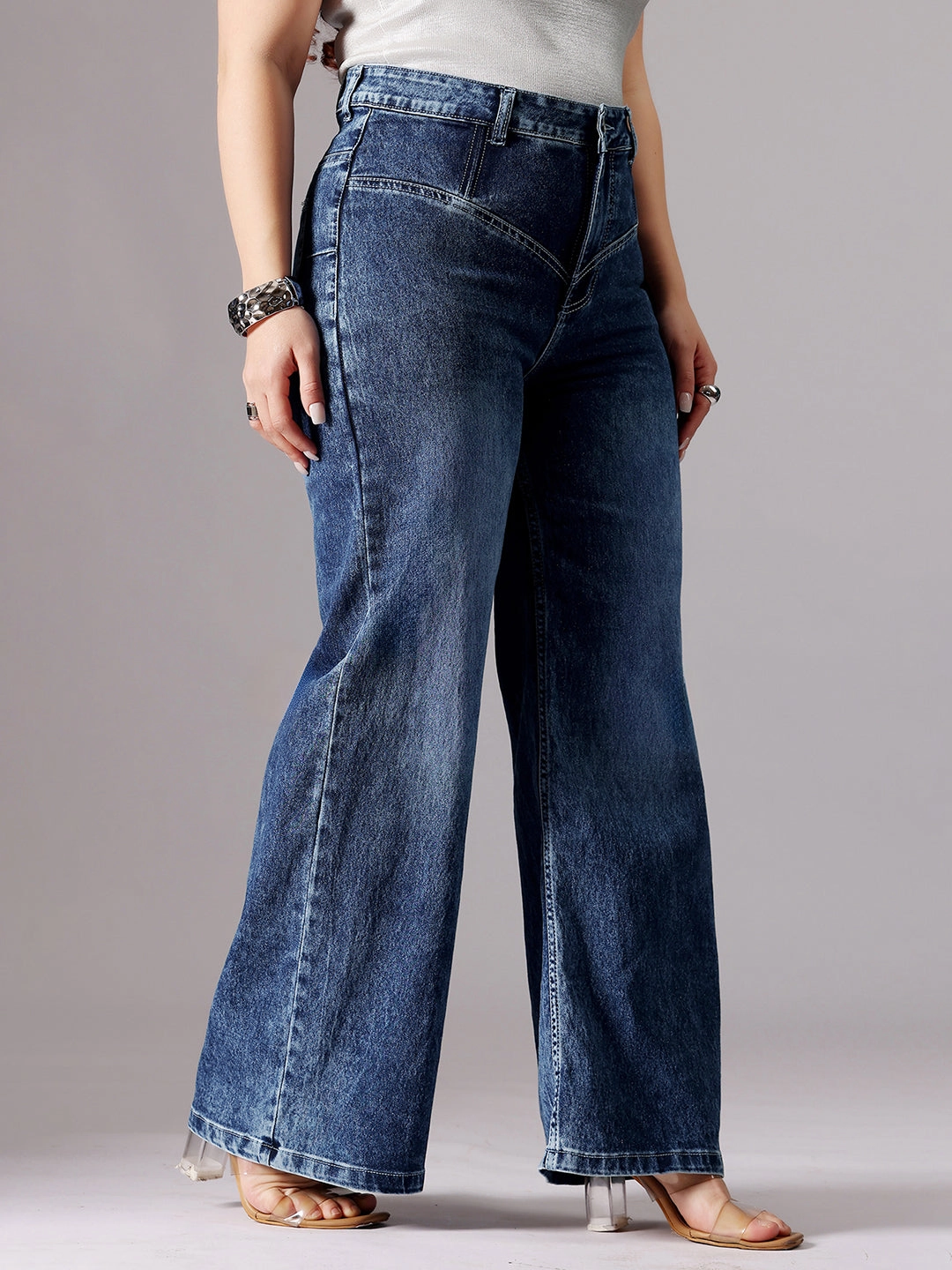 CHASEshape? Women's Blue High-Rise Clean-Look Stretchable Denim Wide-Leg Shaping Jeans Street Fashion Breathable