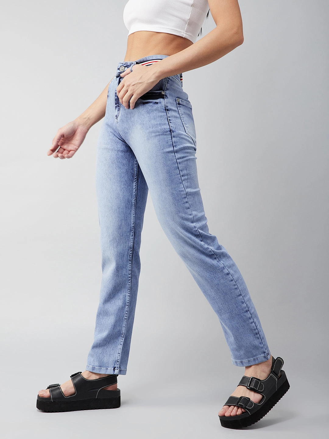 Reinforced Belt Loops Women's Light Blue High-Rise Stretchable Denim Jeans