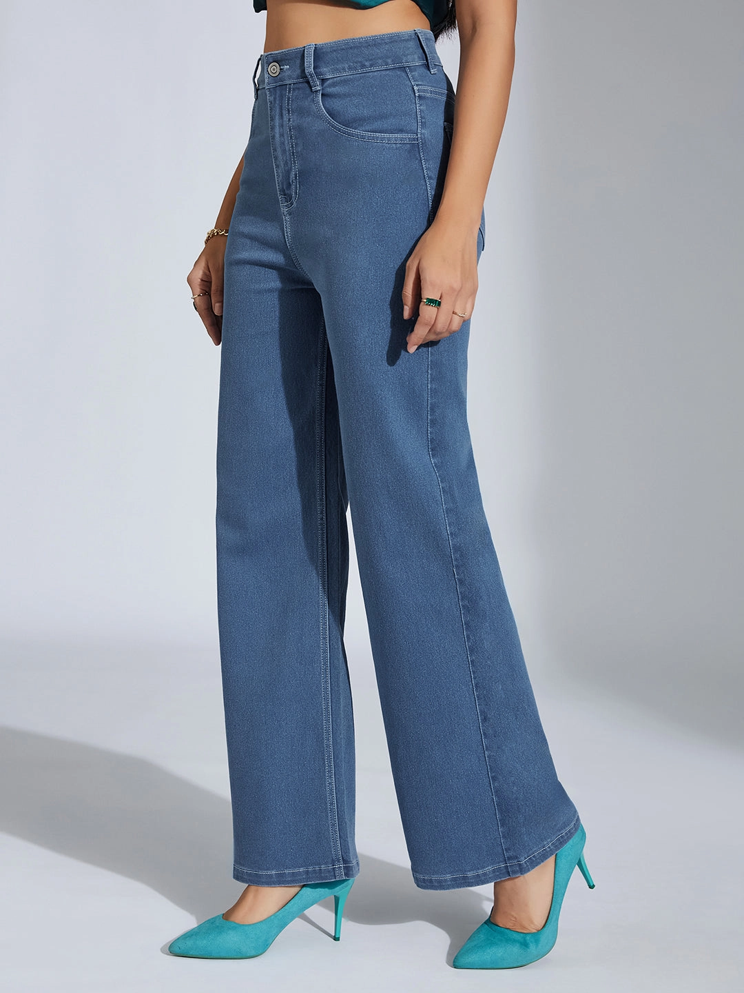 24/7 Comfort Blue Wide-Leg High-Rise Stretchable Denim Jeans Simple Fashion No Gap Waist Engineering