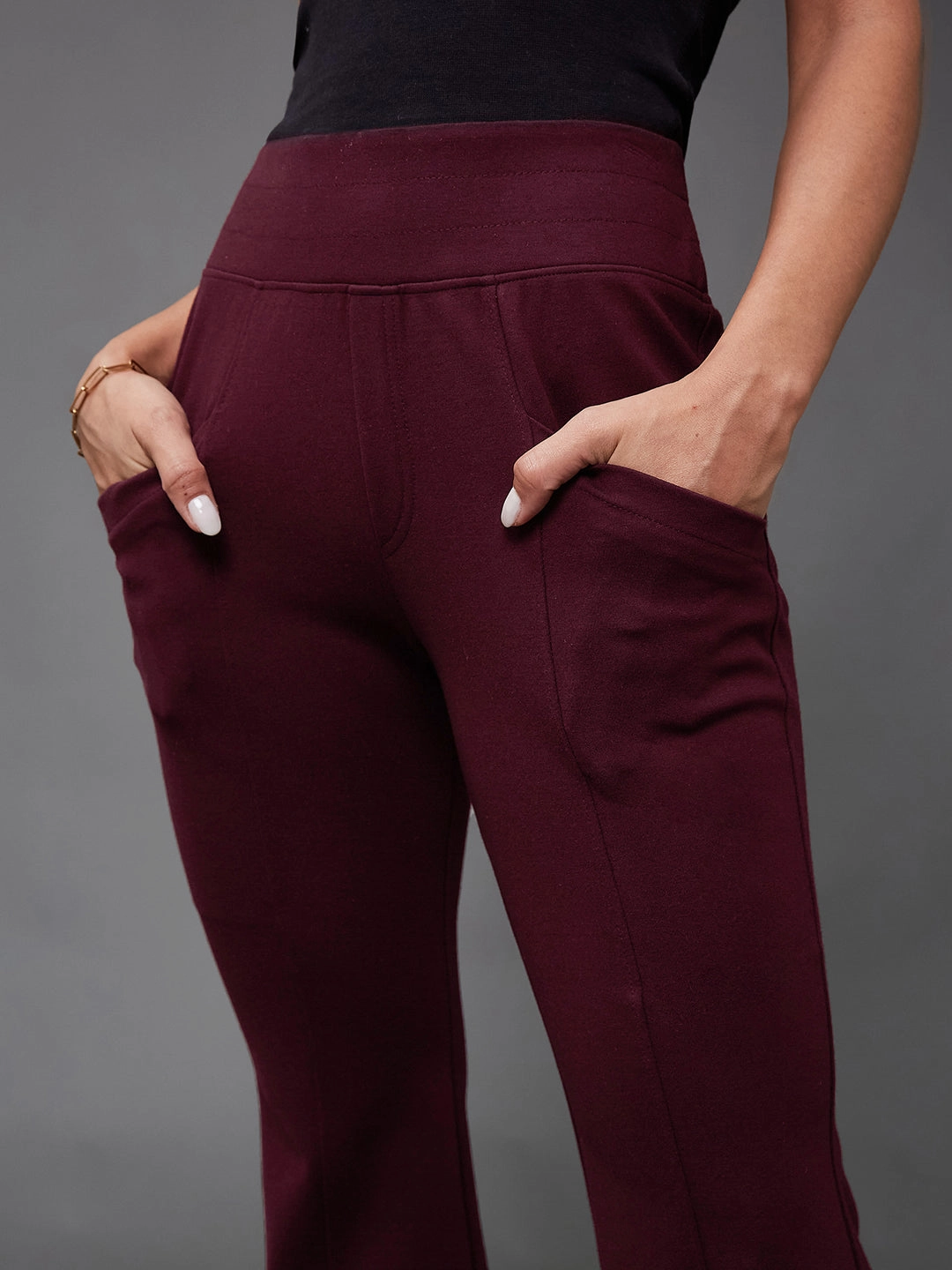 Crease Ease Women's Wine Regular-Length Viscose Rayon Bootcut Trouser Fashionable Design