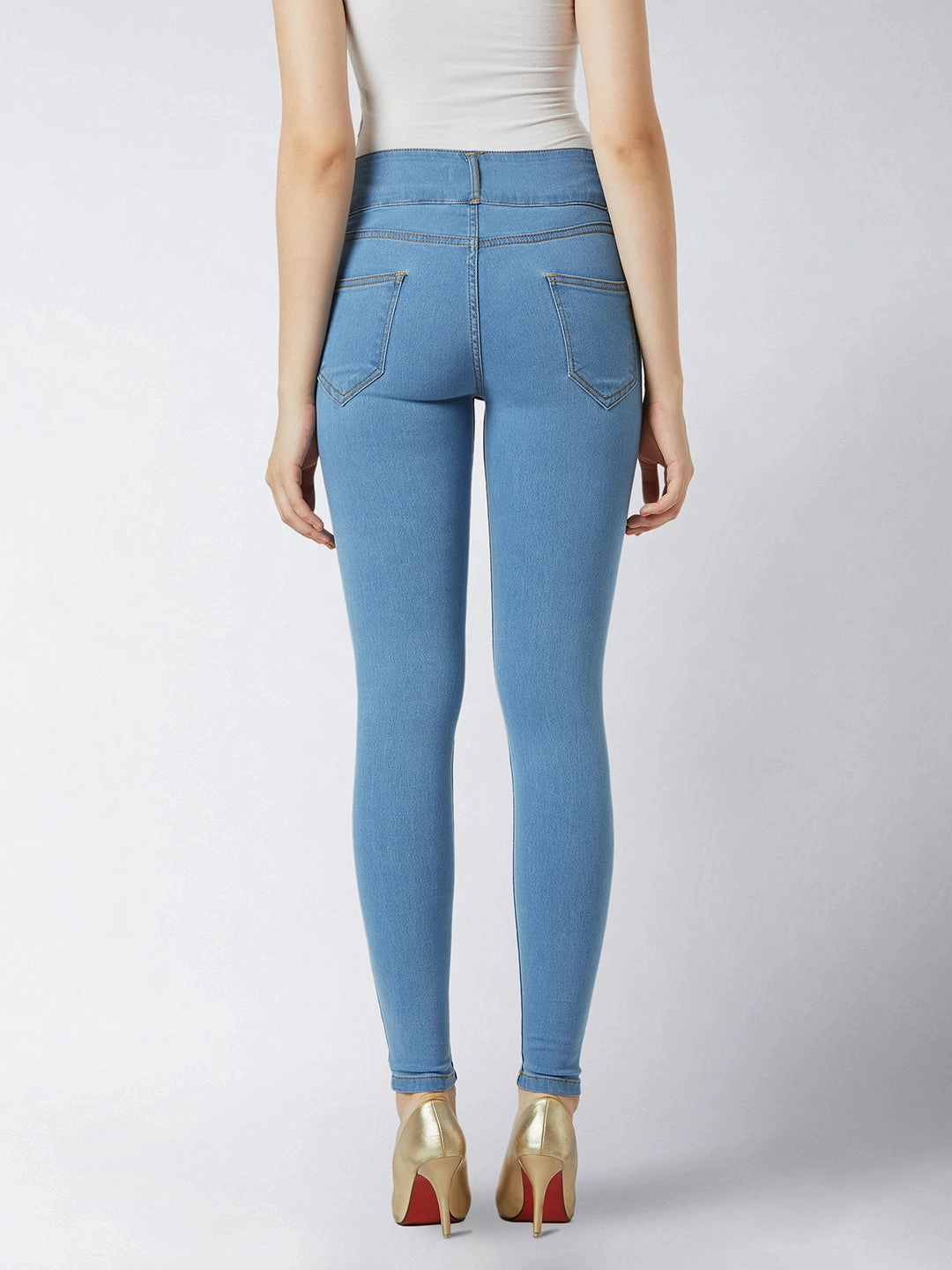 Women's Blue Skinny-Fit High-Rise Regular Length Stretchable Denim Pants Pre Washed Denim Winter Warmth Student Outfit Textured