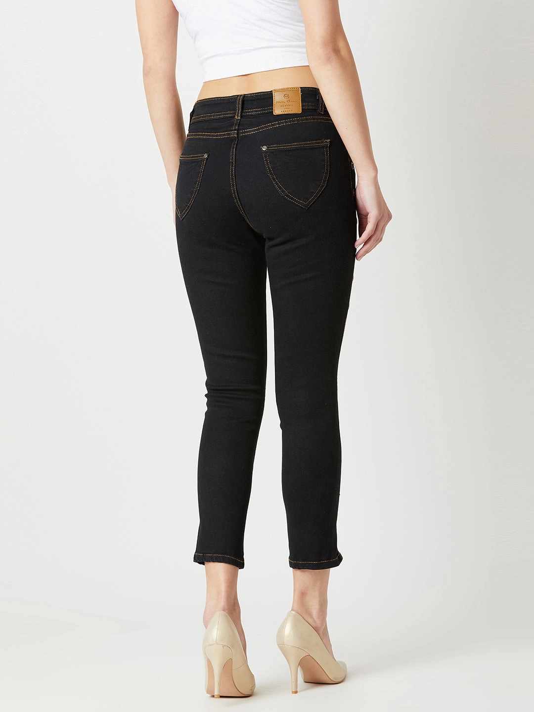 Family Style Urban Explorer Youth Style Soft Aesthetic Women's Black Skinny High-Rise Side-Slit Solid Eyelet Embellished Cropped-Length Stretchable Denim Jeans