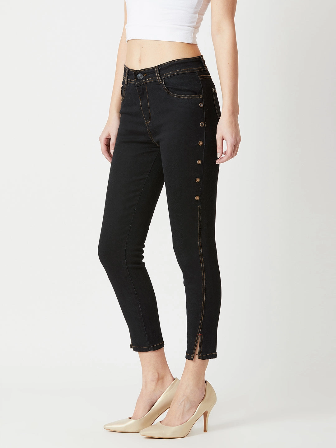 Comfy Design Chic Silhouette Women's Black Skinny High-Rise Side-Slit Solid Eyelet Embellished Cropped-Length Stretchable Denim Jeans