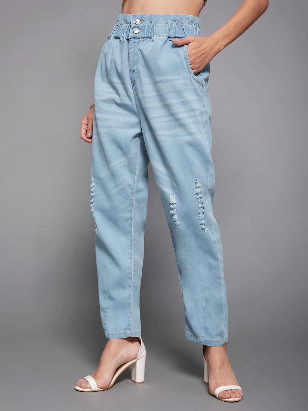 Road Trip Affordable 24/7 Comfort Light Blue Mom's Jean High-Rise Mild Distress Stretchable Denim Jeans