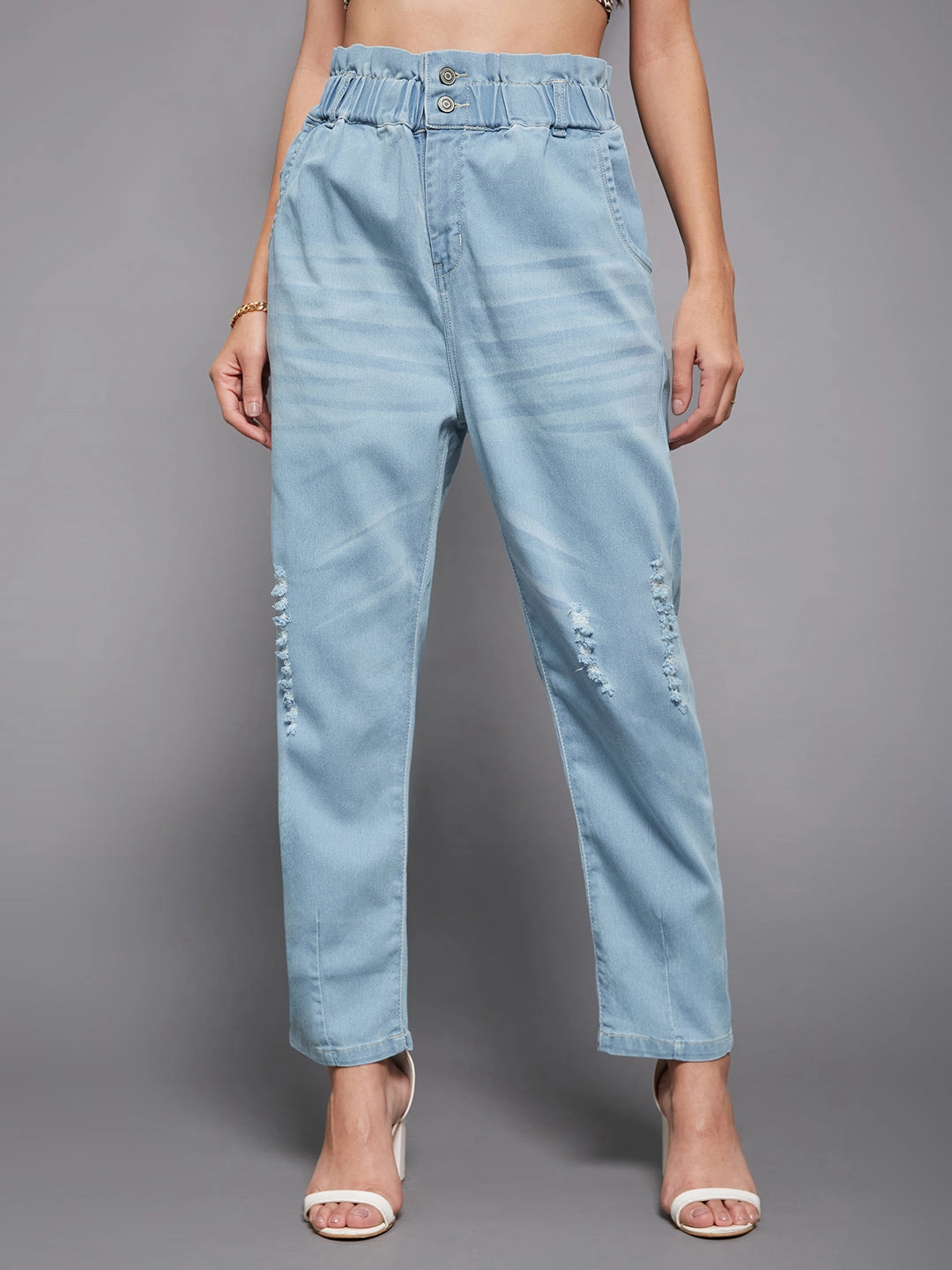 Sunny Vibes Vibrant Relaxed Style Vintage Inspired Weave 24/7 Comfort Light Blue Mom's Jean High-Rise Mild Distress Stretchable Denim Jeans