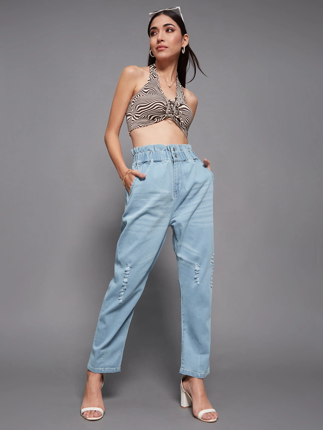 24/7 Comfort Light Blue Mom's Jean High-Rise Mild Distress Stretchable Denim Jeans Go To Look Hypoallergenic Material Composition