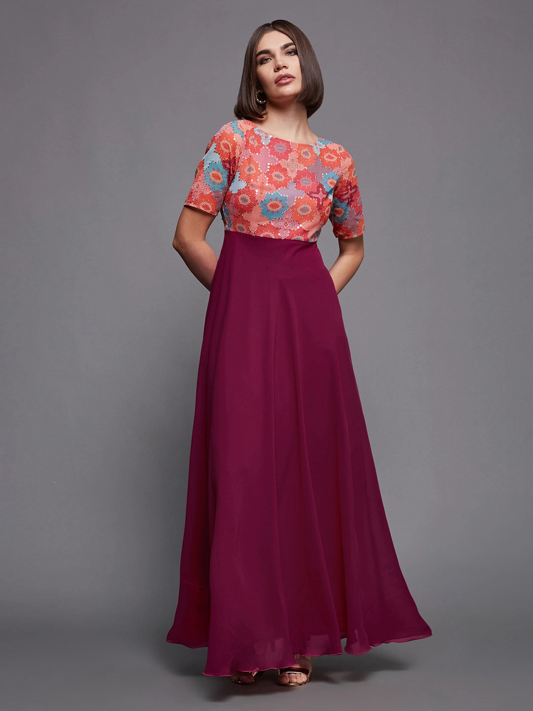 Soft and Smooth Calm Style Women's Multicolored-Base-Dark Pink Boat Neck Half Sleeve Geometric Fit & Flare Georgette Maxi Dress