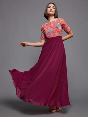 Side-Zip Women's Multicolored-Base-Dark Pink Boat Neck Half Sleeve Geometric Fit & Flare Georgette Maxi Dress