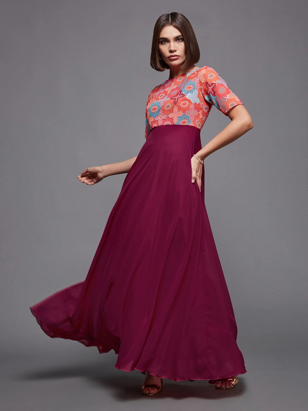 Feminine Comfort Women's Multicolored-Base-Dark Pink Boat Neck Half Sleeve Geometric Fit & Flare Georgette Maxi Dress