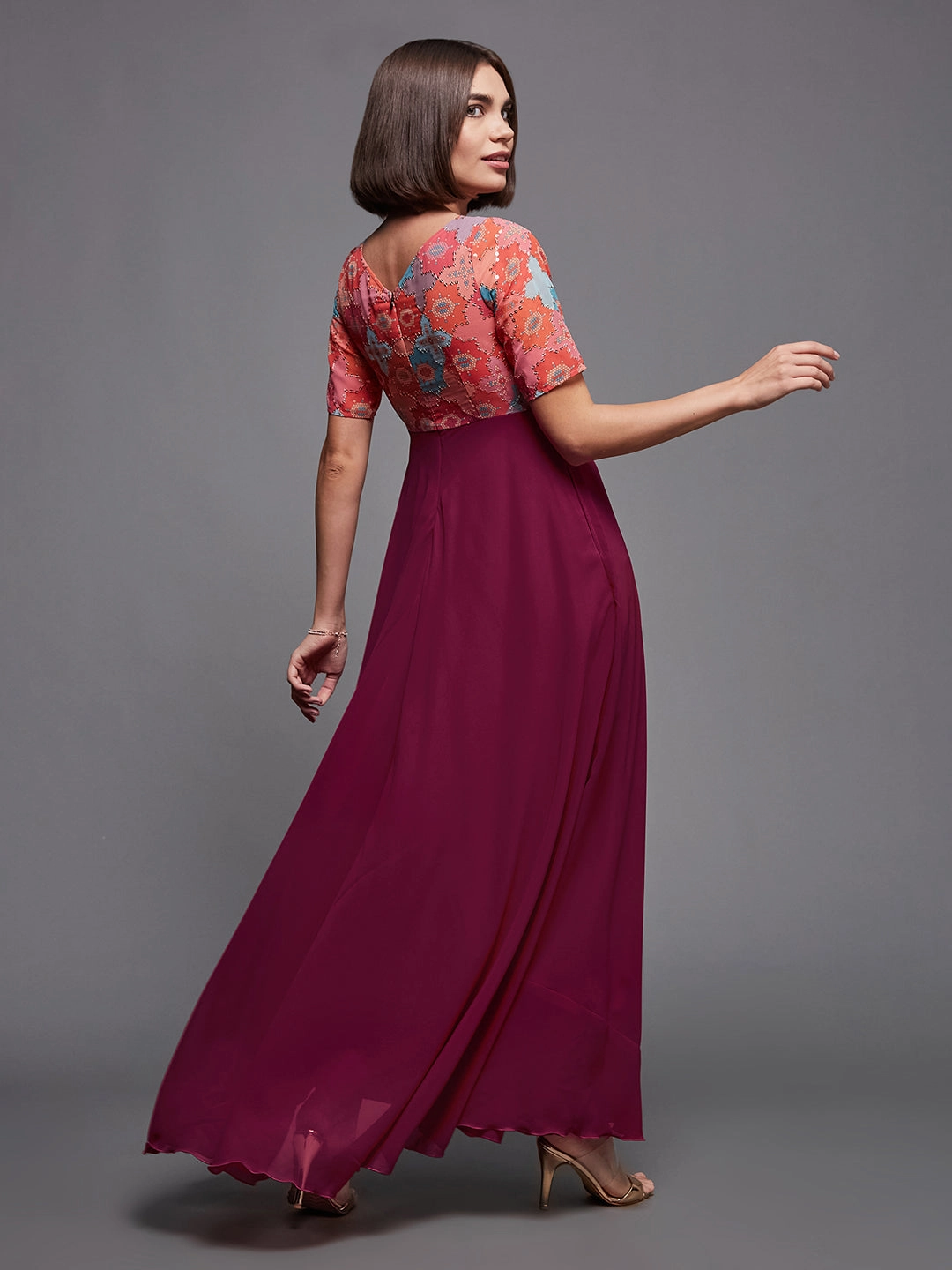 Moment Soft Balanced Light Women's Multicolored-Base-Dark Pink Boat Neck Half Sleeve Geometric Fit & Flare Georgette Maxi Dress