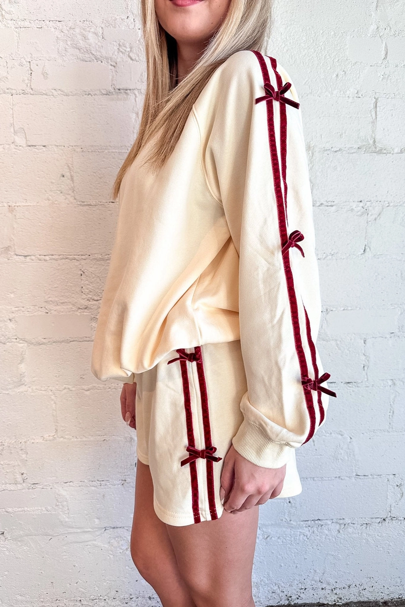 Velvet Side Striped Shorts With Bow Detail Sustainable Dye Process quick dry