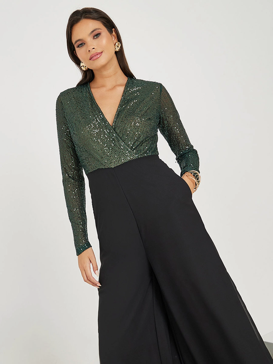 Women's Black V-Neck Full Sleeve Embellished Wrap Regular-Length Georgette Jumpsuit Comfortable Wear