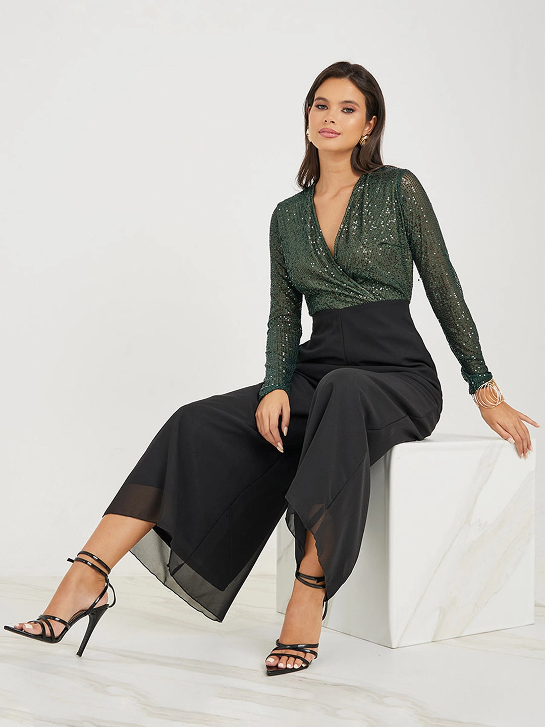 Feminine Mood Women's Black V-Neck Full Sleeve Embellished Wrap Regular-Length Georgette Jumpsuit