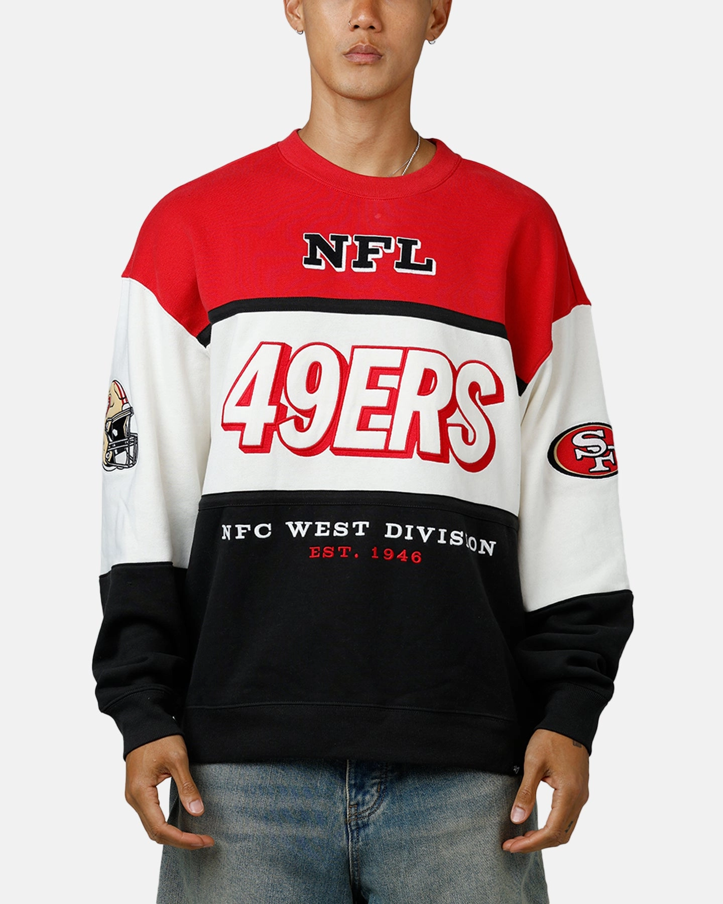 47 Brand San Francisco 49ers Maximalist Crewneck Red/Black NonChafe Tag Placement