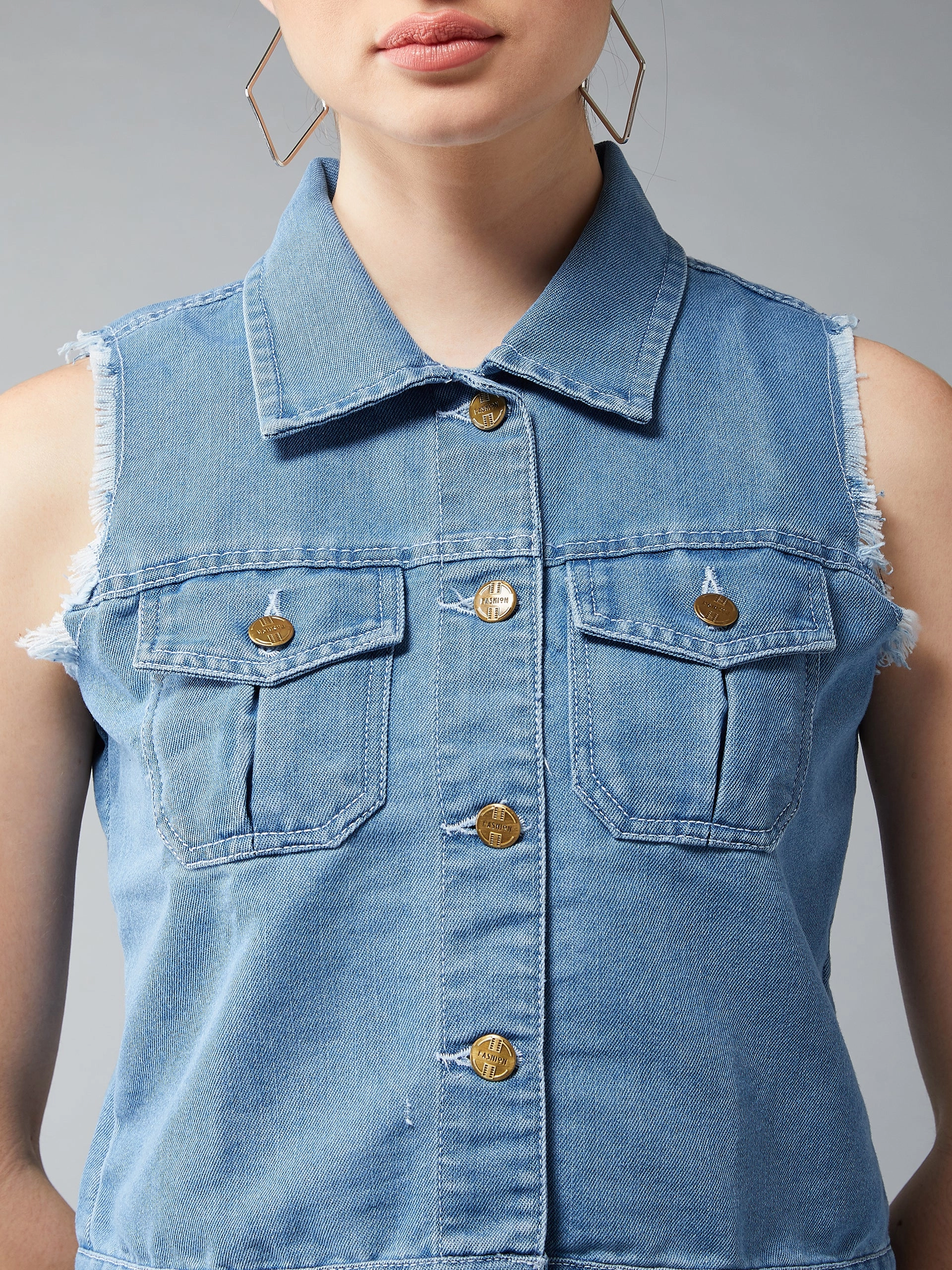 Cozy Hood Detail Women's Light Blue Polo Neck Sleeveless Denim Solid Buttoned Ice Wash Raw Edge Detailing Crop Denim Jacket