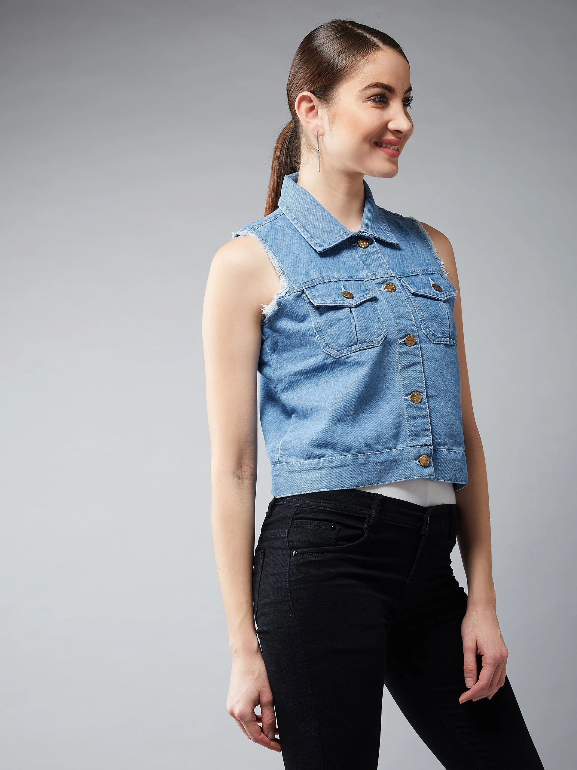 Women's Light Blue Polo Neck Sleeveless Denim Solid Buttoned Ice Wash Raw Edge Detailing Crop Denim Jacket Cold Season Neutral Fit Design
