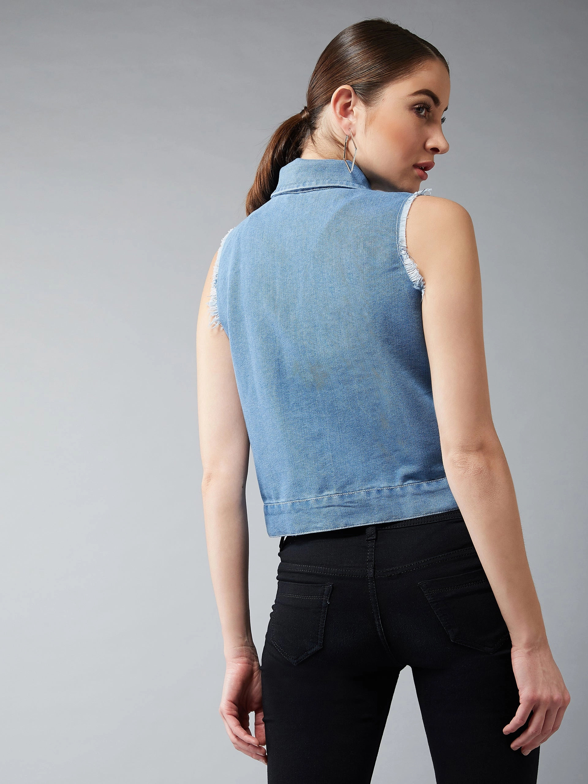 Women's Light Blue Polo Neck Sleeveless Denim Solid Buttoned Ice Wash Raw Edge Detailing Crop Denim Jacket Tear Resistant Fabric Blends Reinforced Shoulder Panels