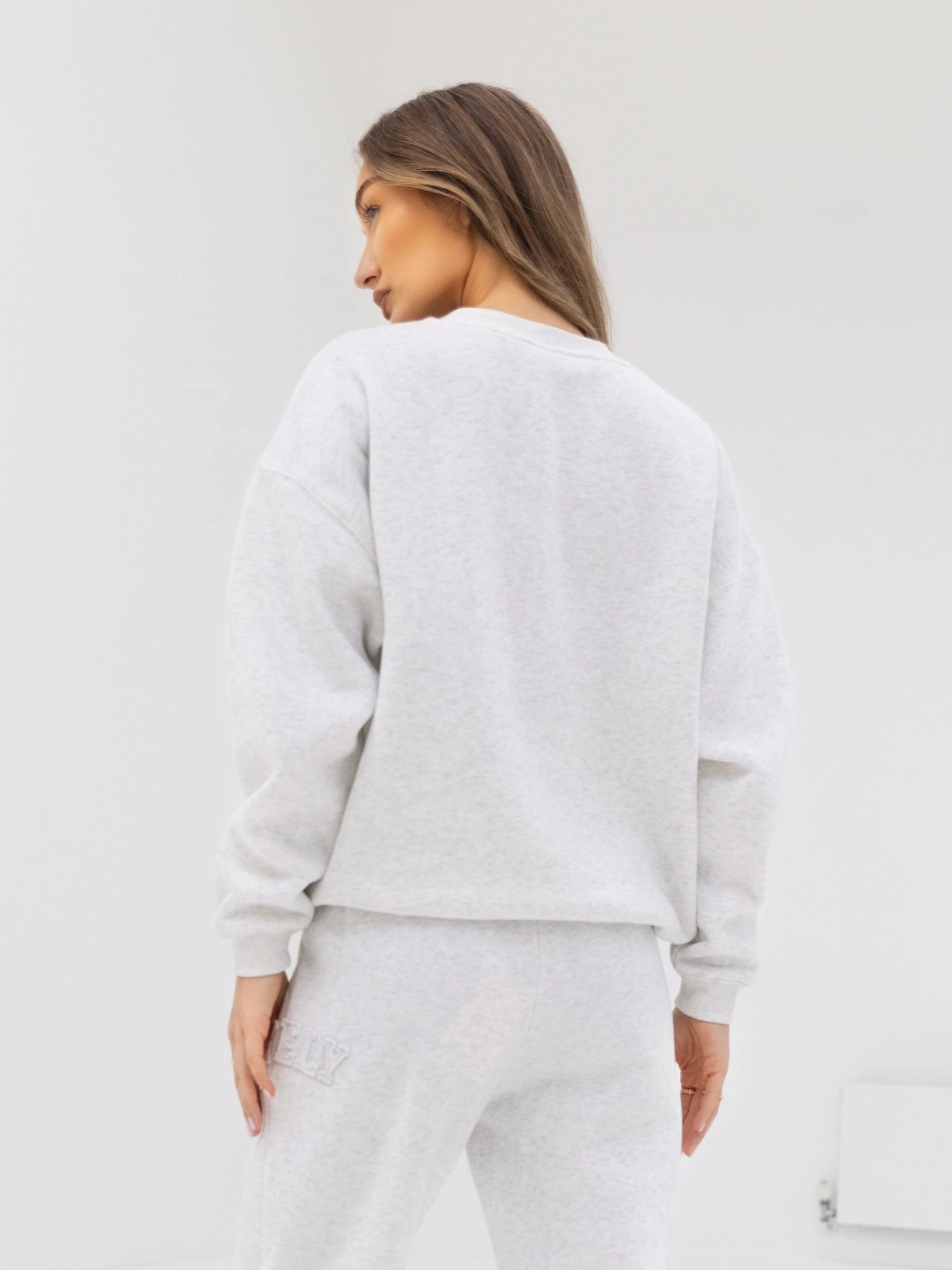 Compression Knit Support FadeResistant Dye Tonal Varsity Oversized Sweater - Marl White