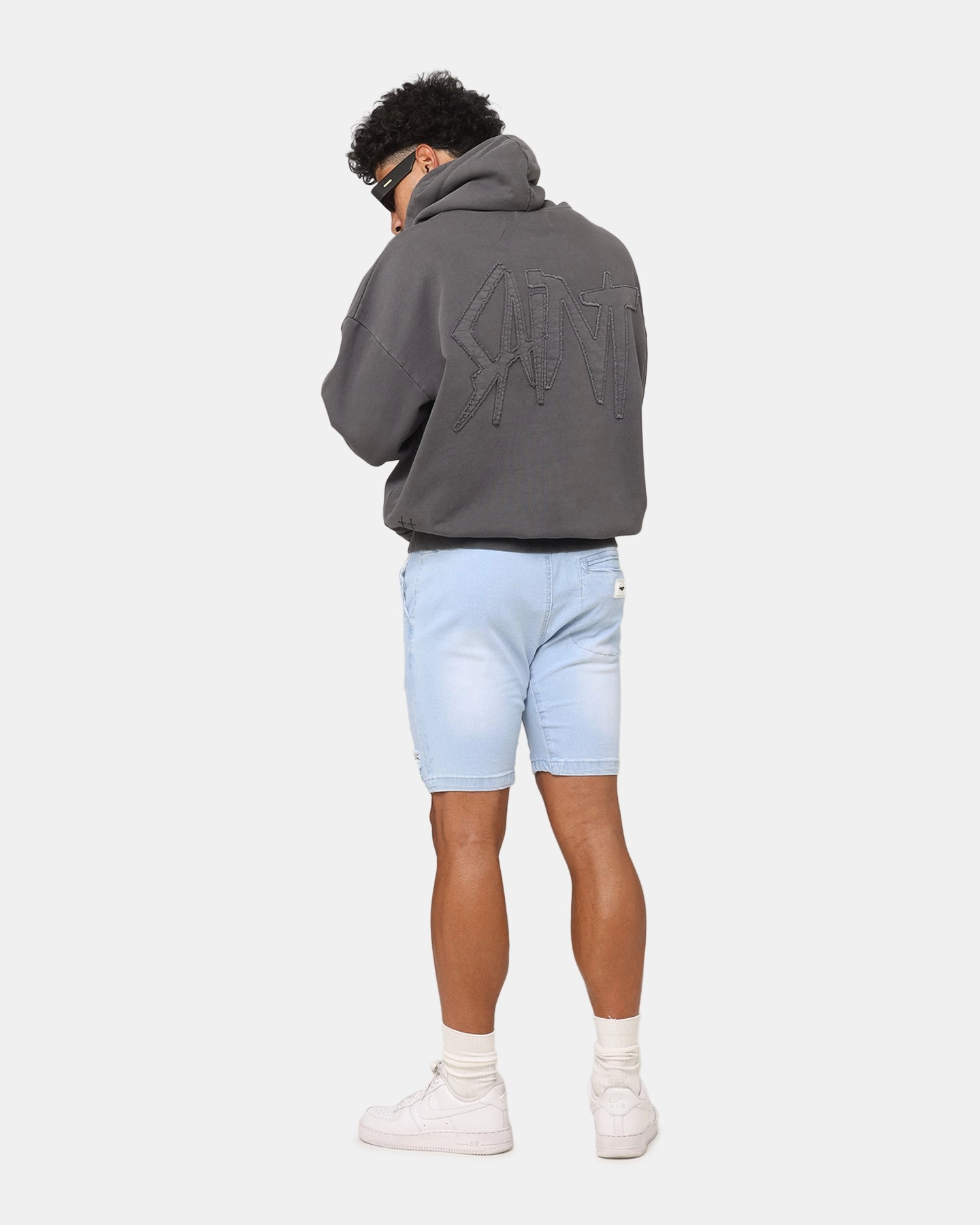 Saint Morta Pericles Applique Hoodie Washed Charcoal Eco Conscious Packaging