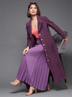 Women's Dark Mauve Solid V-Neck Full Sleeves Patched Pocket Polyester Button Down Longline Blazer Jacket Eco Friendly Dye Process