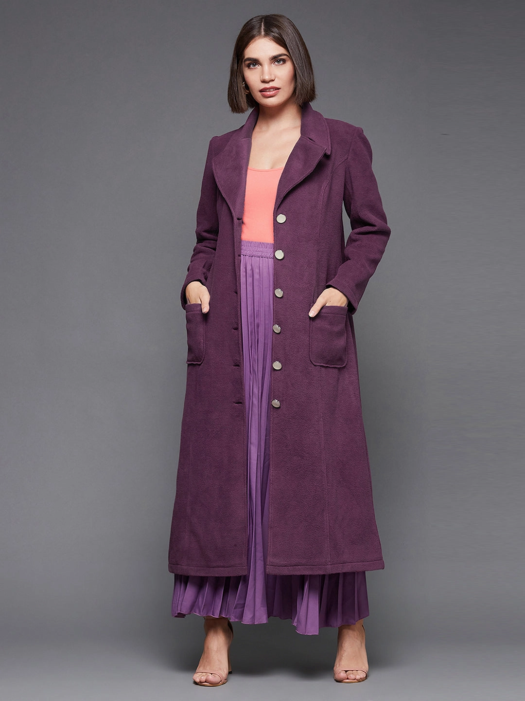 Comfortable Feel Women's Dark Mauve Solid V-Neck Full Sleeves Patched Pocket Polyester Button Down Longline Blazer Jacket