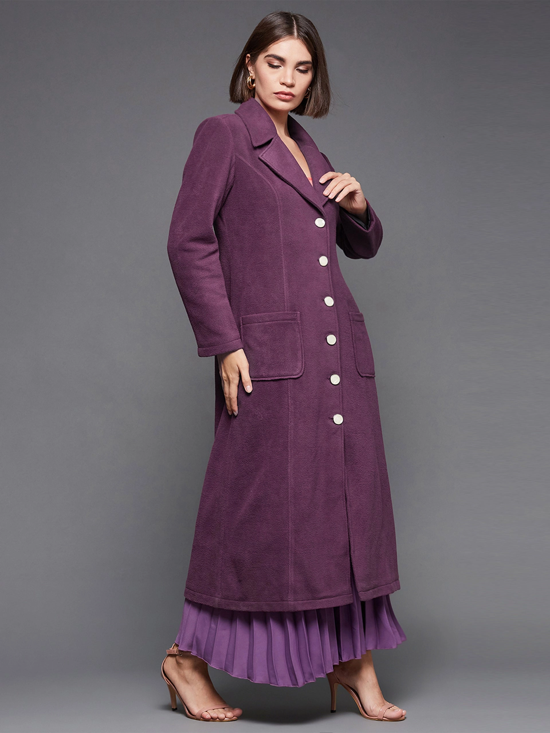 Women's Dark Mauve Solid V-Neck Full Sleeves Patched Pocket Polyester Button Down Longline Blazer Jacket Relaxed Fit Silhouette