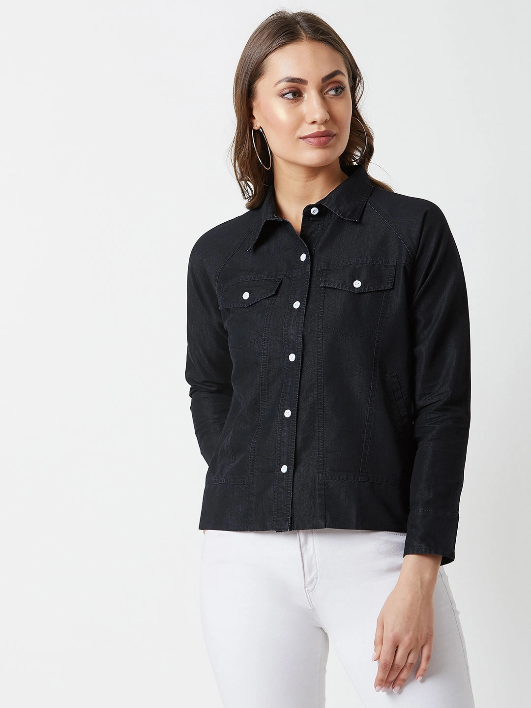 Heat Retention Women's Black Polo Neck Full Sleeves Flap Detailing Denim Solid Regular Length Bomber Jacket