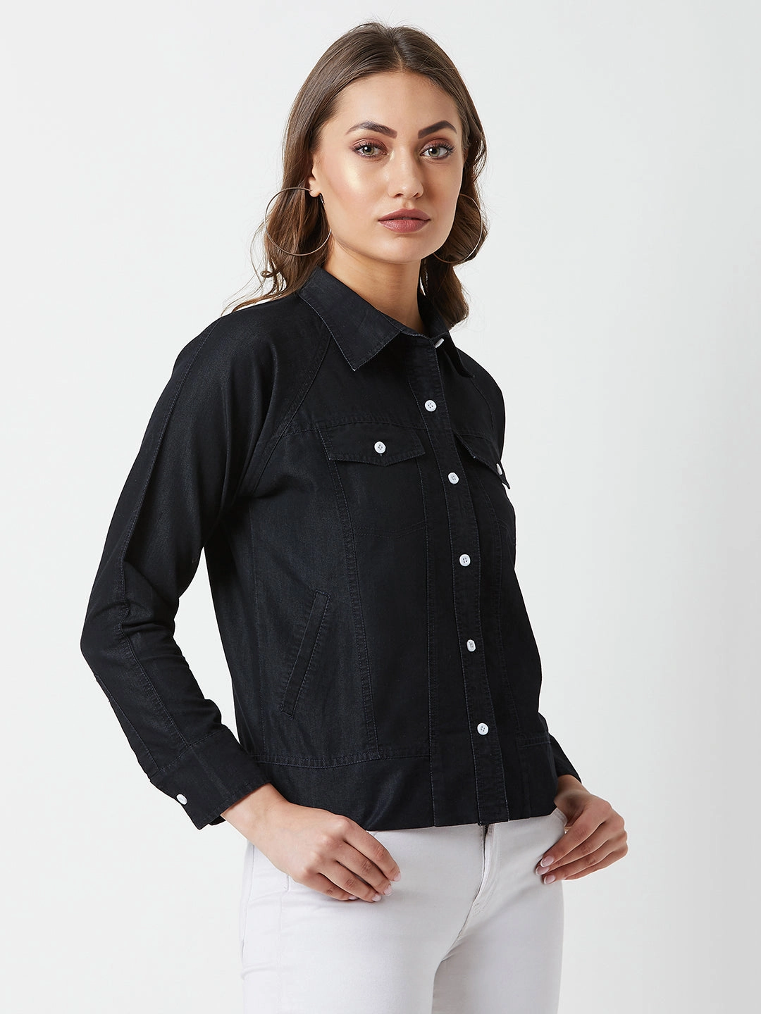 Women's Black Polo Neck Full Sleeves Flap Detailing Denim Solid Regular Length Bomber Jacket Wrinkle Free Exterior